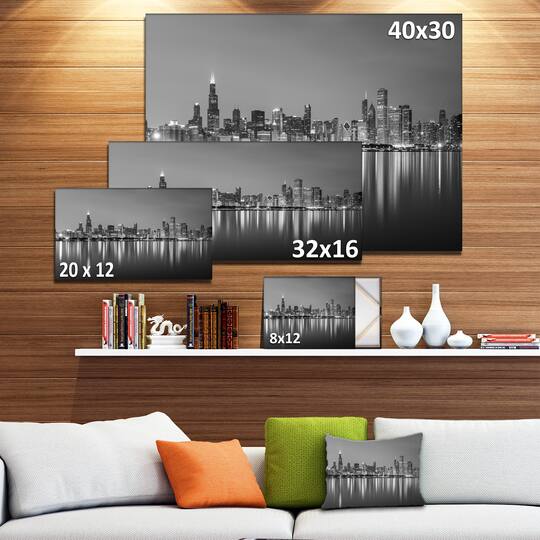 Designart - Chicago Skyline at Night Black and White